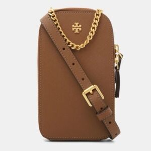 Tory Burch Tan Emerson Crossbody Phone Bag with Gold Accents